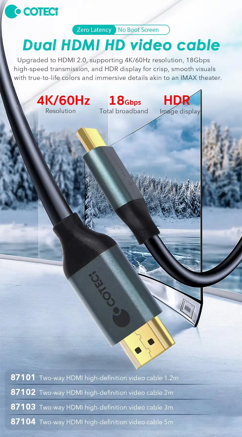 COTECi 2m HDMI cable supports crisp 4K video output