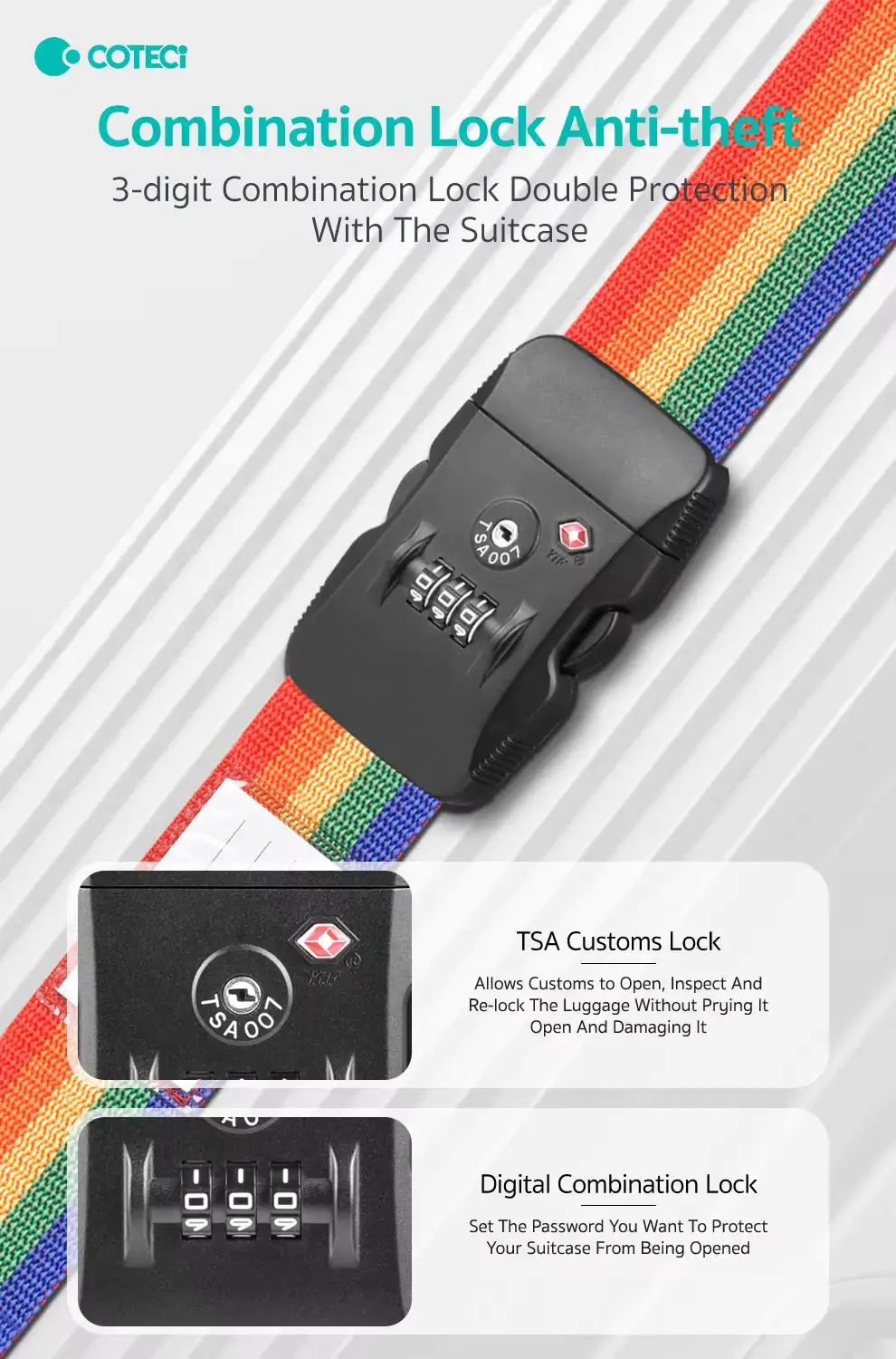 COTECi Luggage Strap TSA Approved Suitcase Strap with Lock