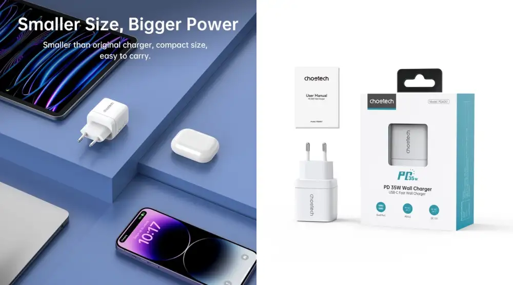 Choetech PD6051 2x USB-C PD 35W GaN wall charger with display