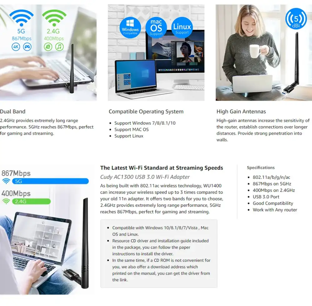 Cudy WU1400 AC1300 High Gain Dual Band USB WiFi Adapter