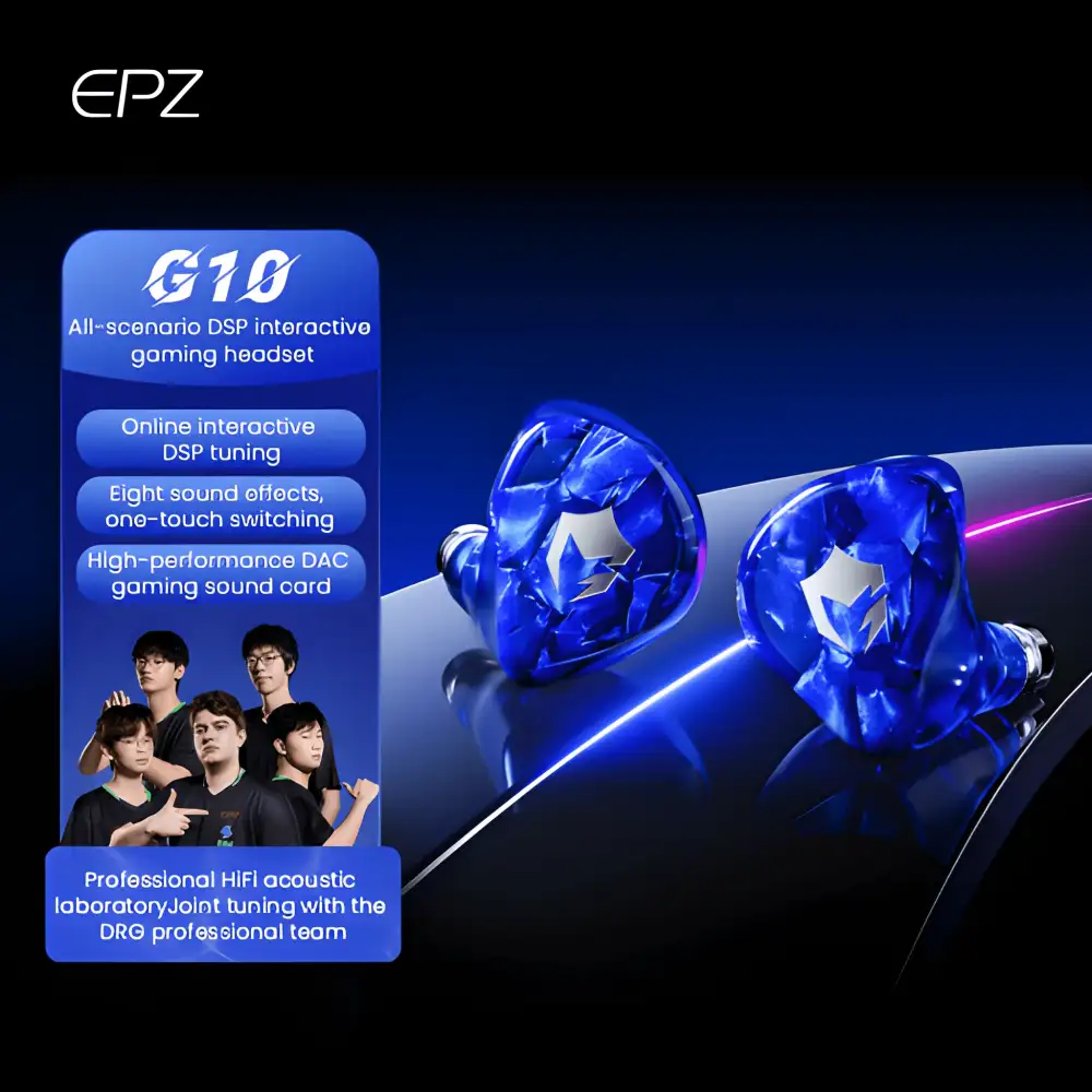 A crisp studio close-up of the EPZ G10 Hi-Res gaming in-ear monitor,