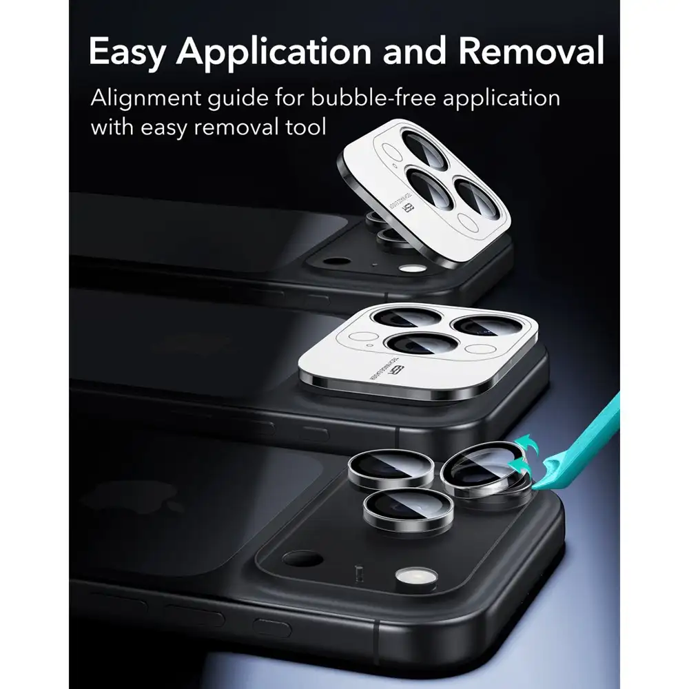 A macro shot showing the scratch-resistant Armorite surface and perfect fit on the iPhone 17 camera module,
