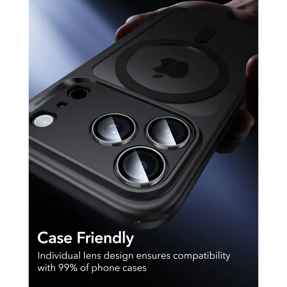 A crisp studio close-up of the ESR Armorite individual camera lens protector for iPhone 17 Series,