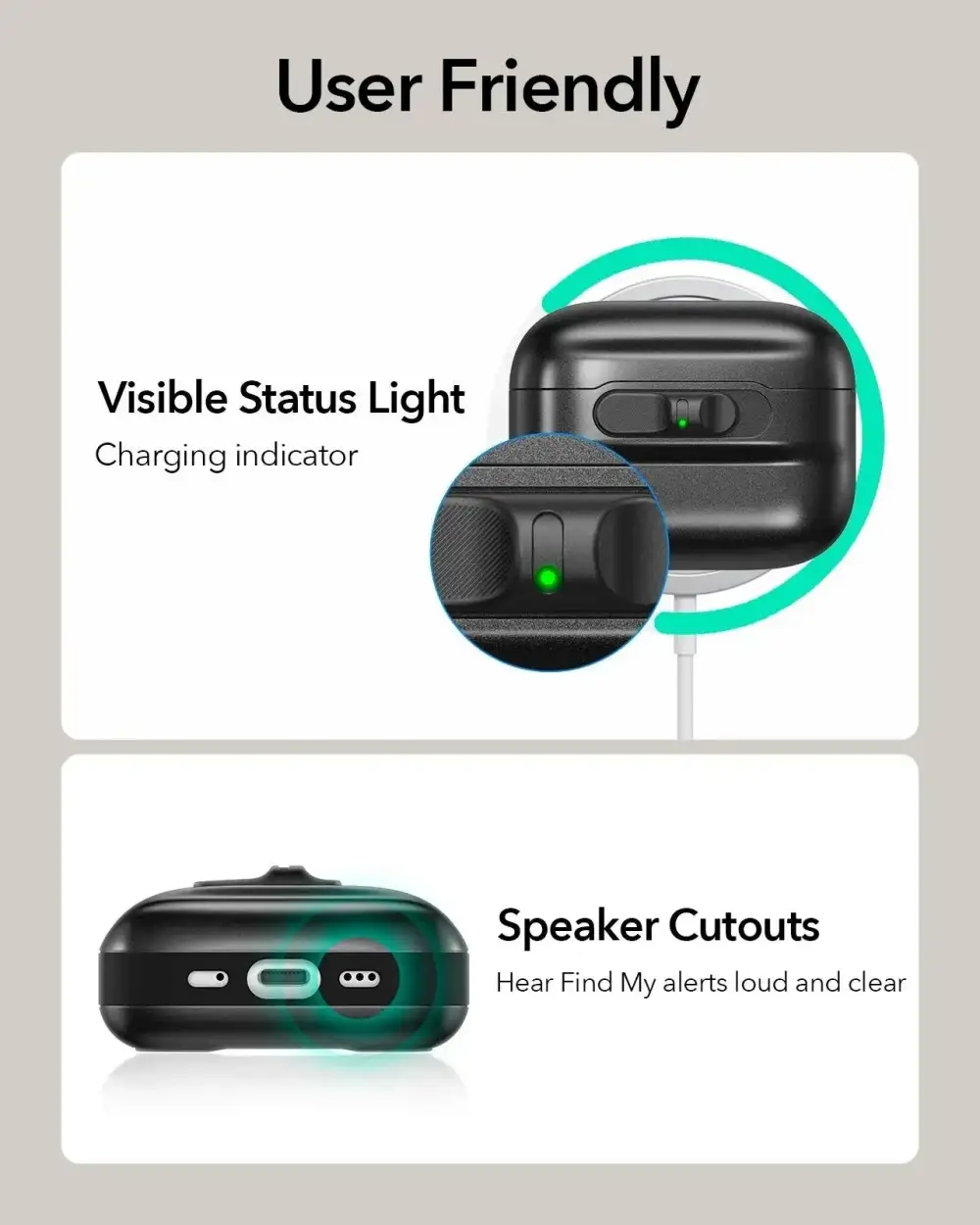 A flat-lay presentation featuring the case with AirPods Pro 3 inside,