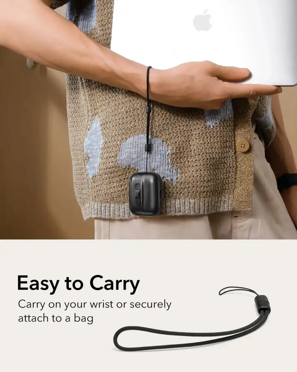 A lifestyle image with the case clipped to a bag or placed on a desk,