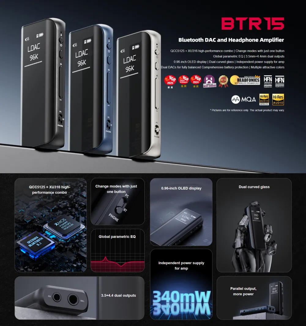FiiO BTR15 Bluetooth DAC and Headphone Amplifier with dual ES9219MQ DAC, 4.4mm balanced output, OLED display and QCC5125 + XMOS XU316 chipset
