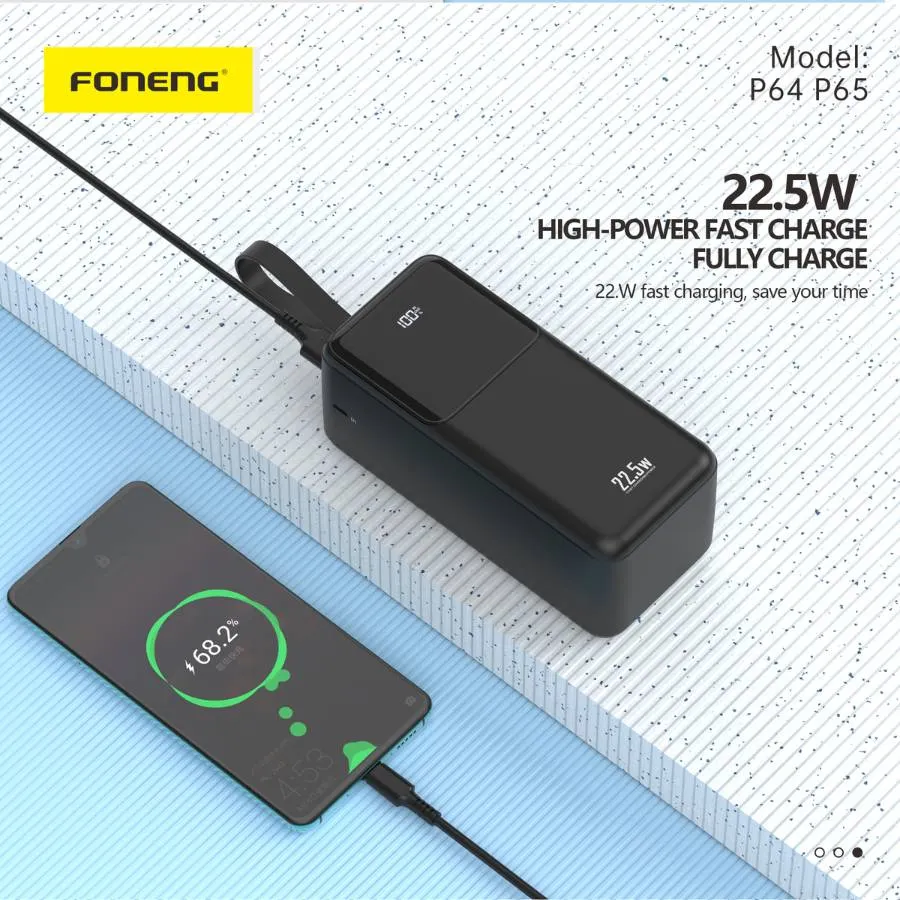 he Foneng P65 50000mAh power bank's front view, highlighting its massive capacity and 22.5W fast charging for the Bangladeshi market