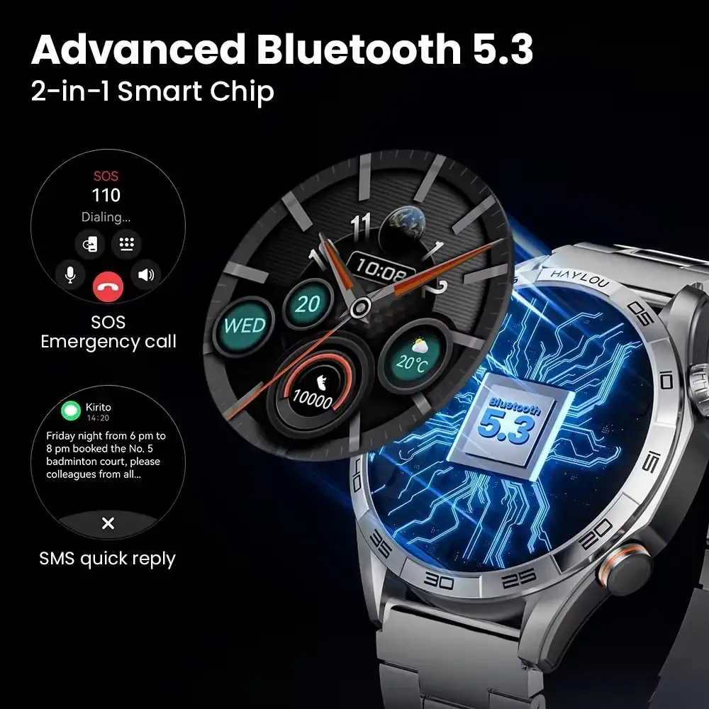 Stylish HAYLOU Solar 5 smartwatch showing voice call interface on a vibrant round display.