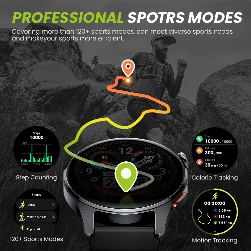 A person wearing the HAYLOU Watch 4S while running outdoors, emphasizing its 5-satellite GPS positioning for accurate tracking