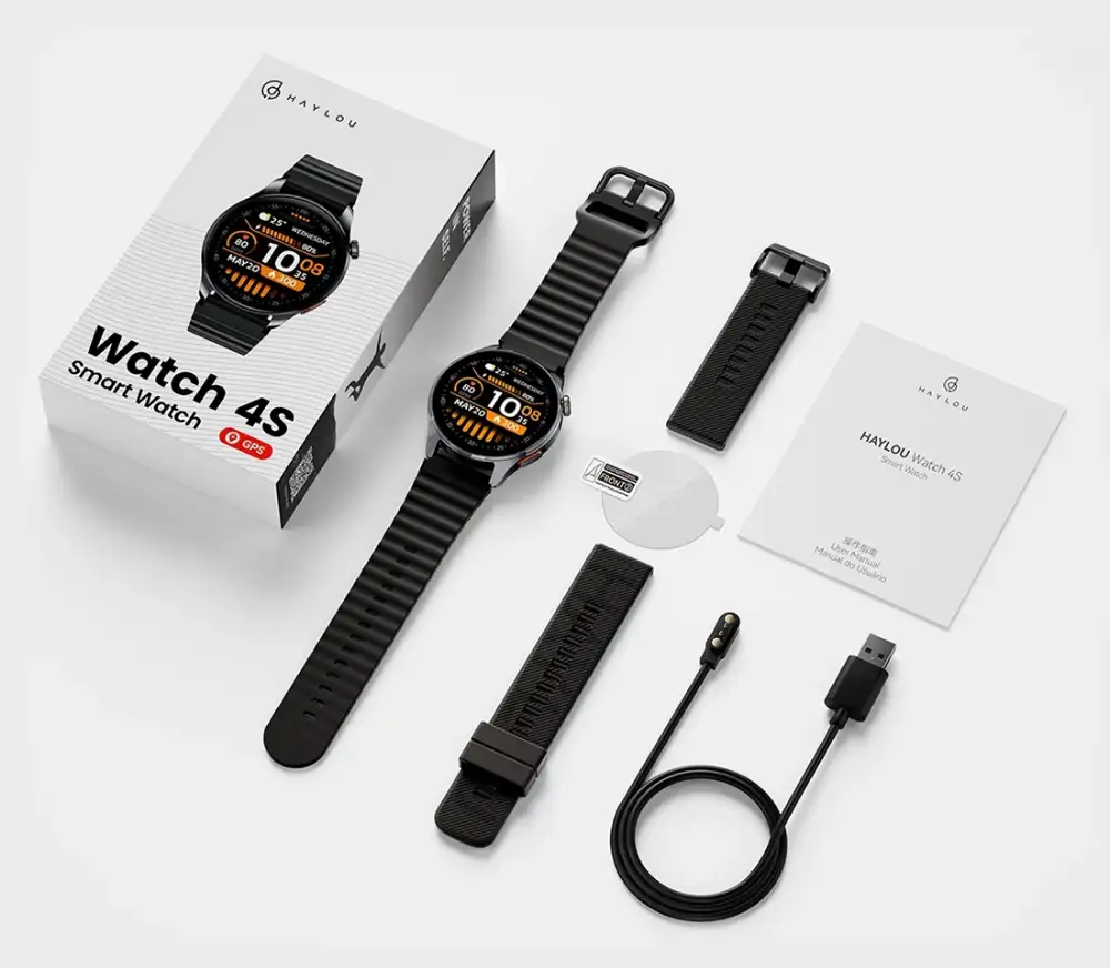 The HAYLOU Watch 4S displaying health data like heart rate and SpO2 levels, showing its comprehensive health monitoring features