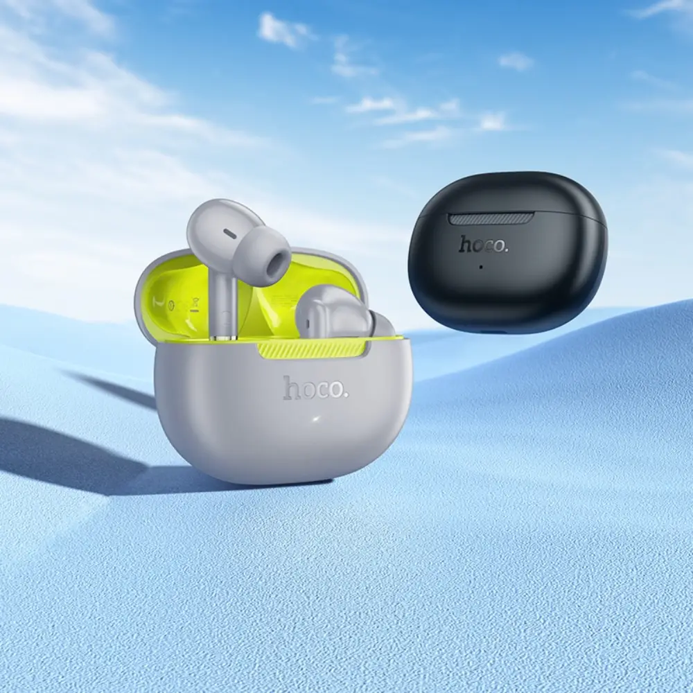 Hoco EQ24 Estrella Wireless BT Earbuds in their charging case, highlighting their compact and minimalist design,