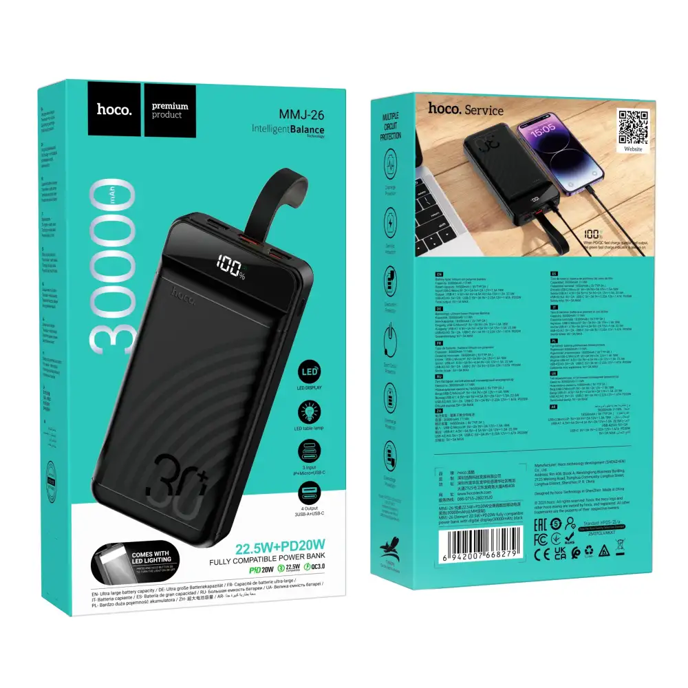 A lifestyle image showing the MMJ-26 charging a smartphone at high speed,