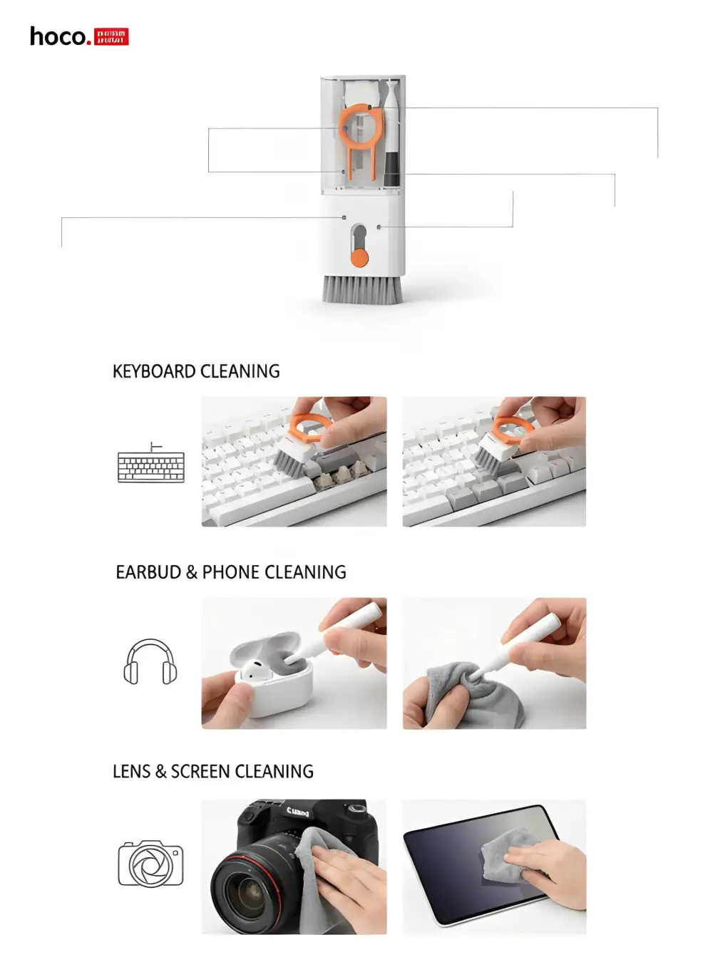 A clean studio shot of the Hoco UT2 10-in-1 digital cleaning kit