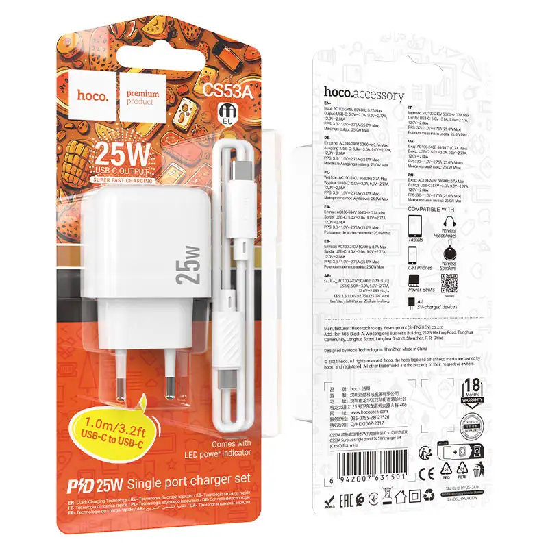 Hoco CS53A 25W PD Wall Charger with Lightning Cable
