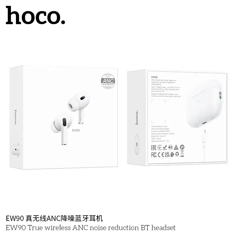 A lifestyle image showing the EW90 earbuds in use during a commute or outdoor walk,