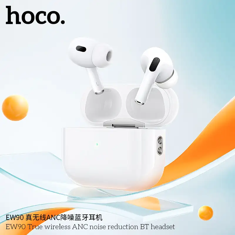 A crisp studio close-up of the Hoco EW90 ANC true wireless earbuds,