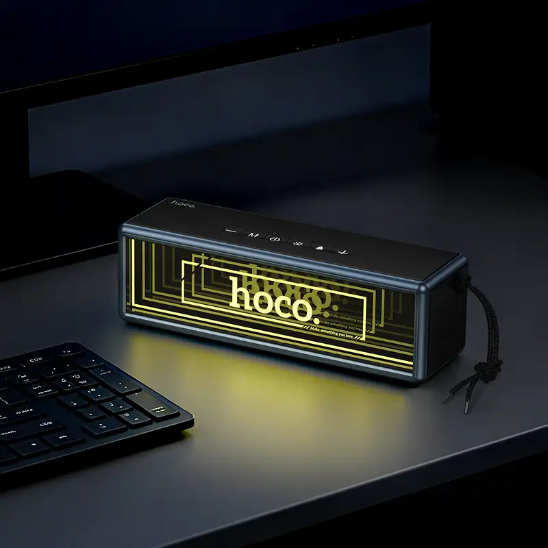A sleek studio shot of the Hoco HC40 mirror lighting effect Bluetooth speaker,