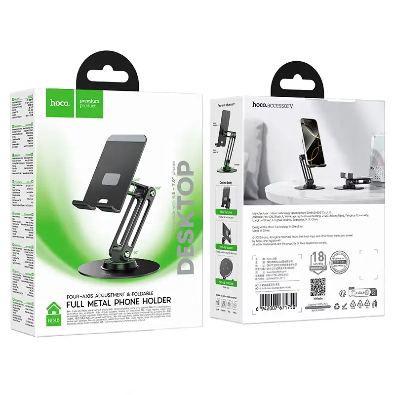 Hoco HD15 Full Metal Phone Holder holding a smartphone on a desk