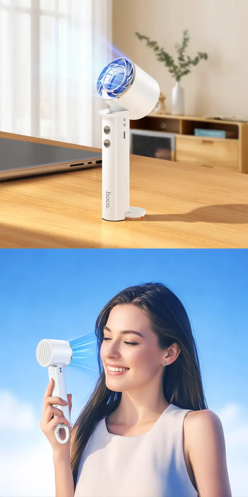 Hoco HX61 Exquisite Portable Folding Fan on a desk with a USB charging cable