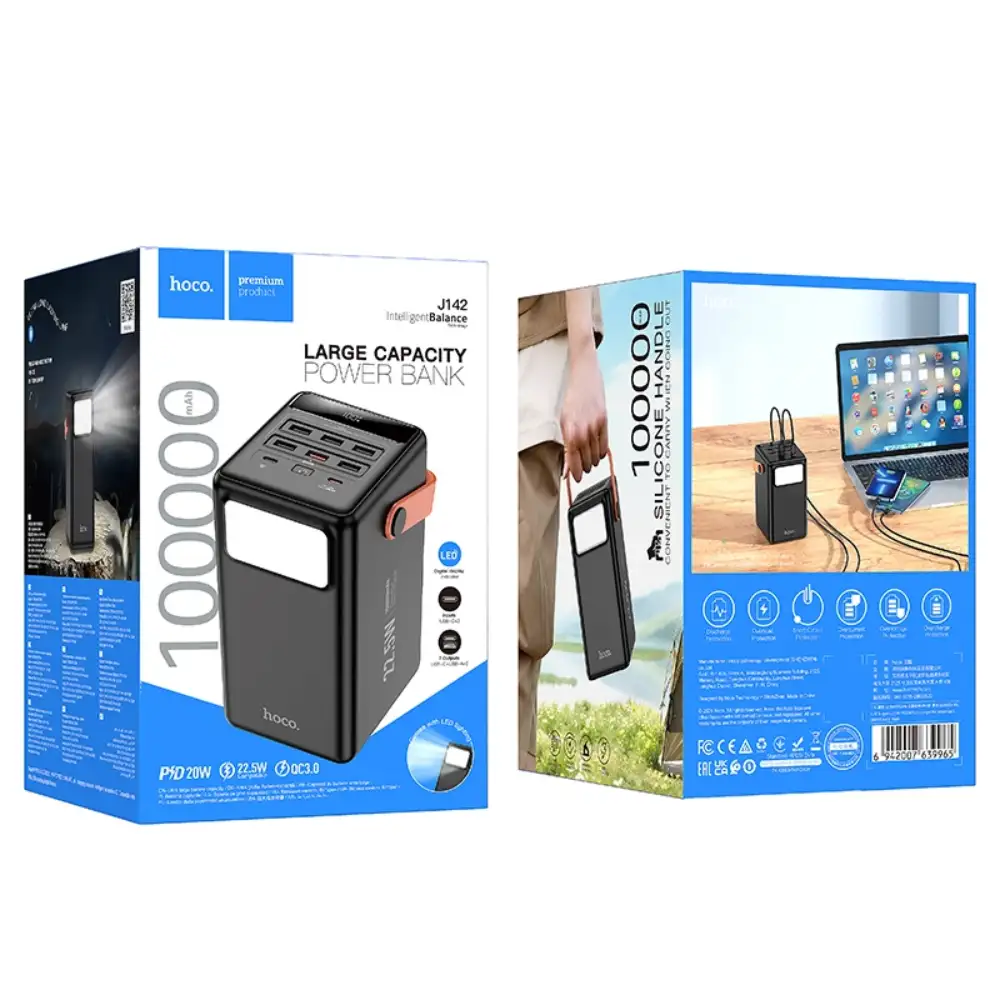 Hoco J142 100000mAh Power Bank with LED lamp and carrying handle