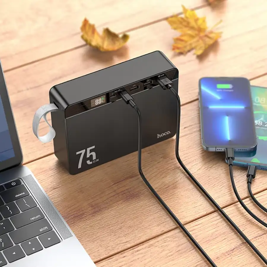 A crisp studio close-up of the Hoco J94 75000mAh power bank,