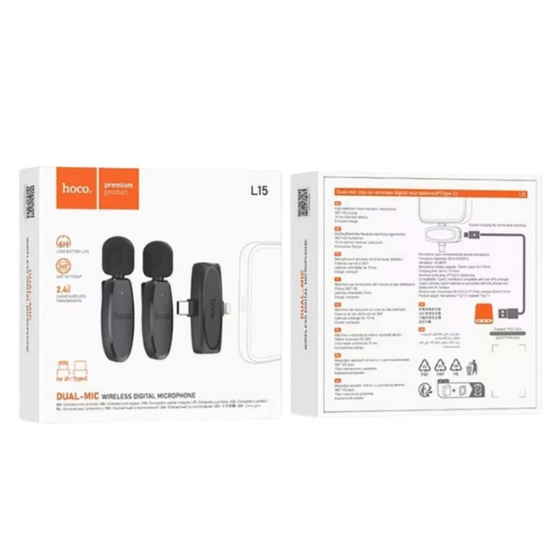 Hoco L15 Dual Wireless Lavalier Microphone Type-C & Lightning