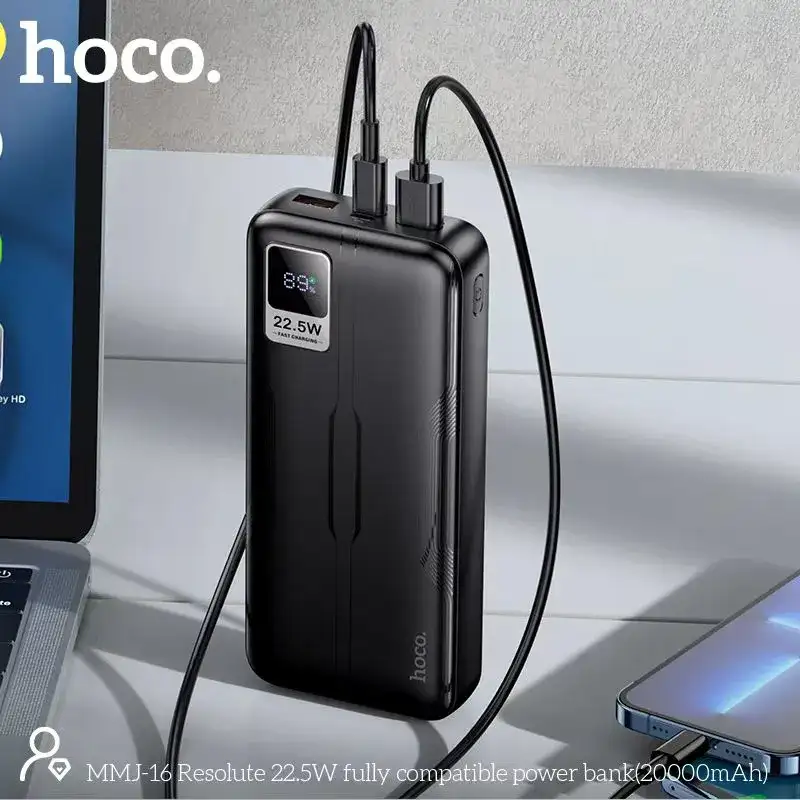 A lifestyle image showing the MMJ-16 charging a smartphone and tablet simultaneously