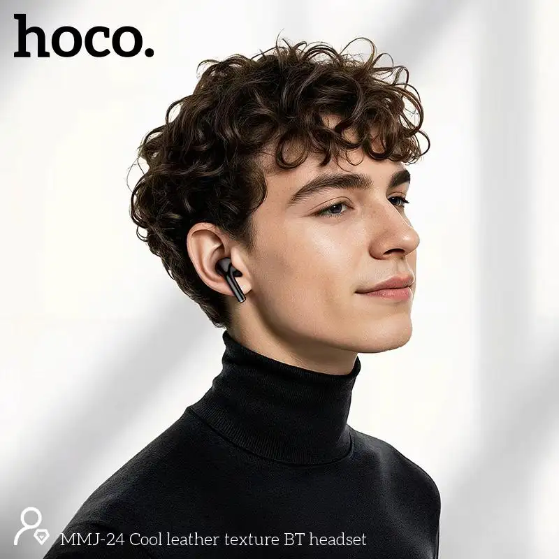 A sleek studio shot of the Hoco MMJ24 cool leather texture true wireless earbuds,