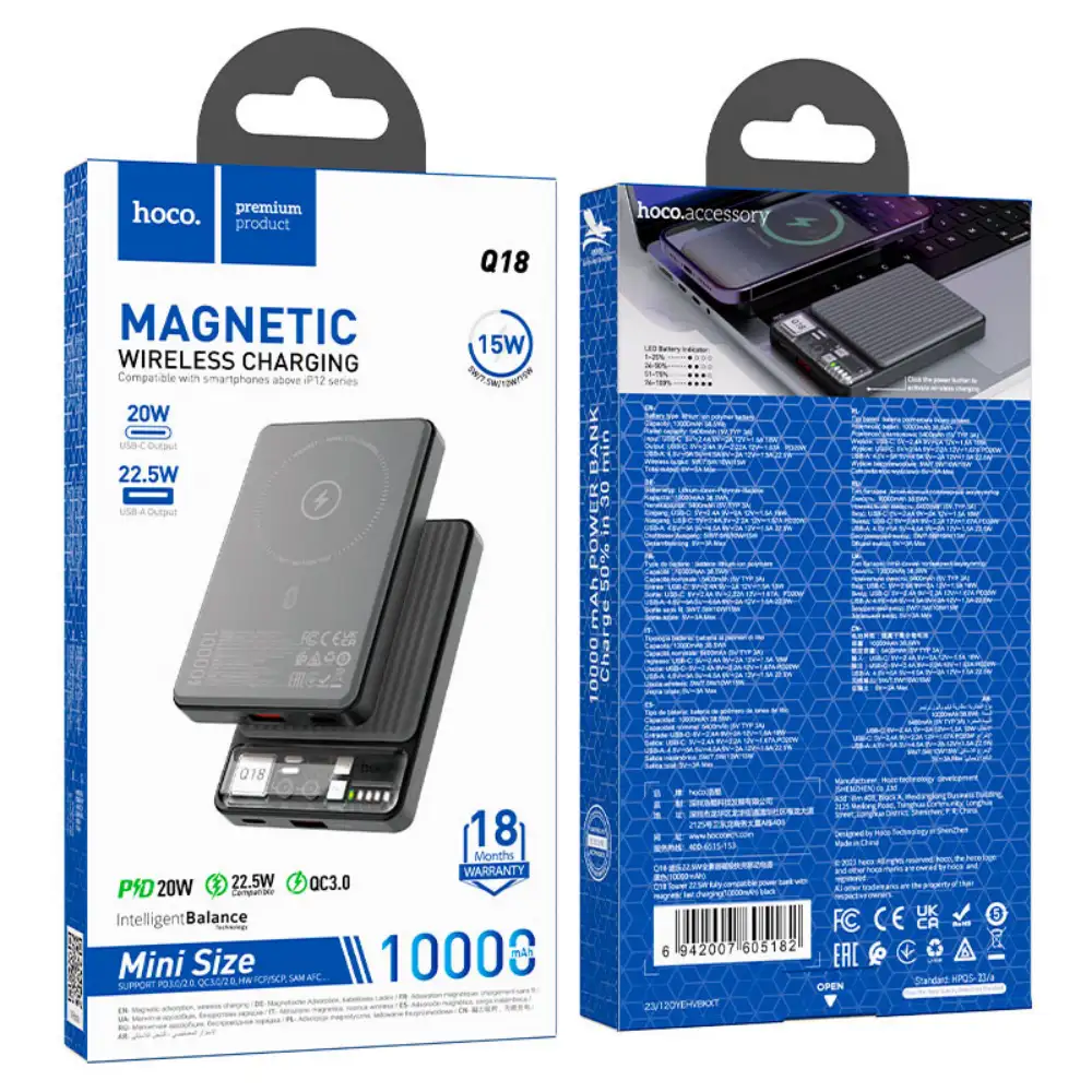 A lifestyle image showing the power bank wirelessly charging a smartphone