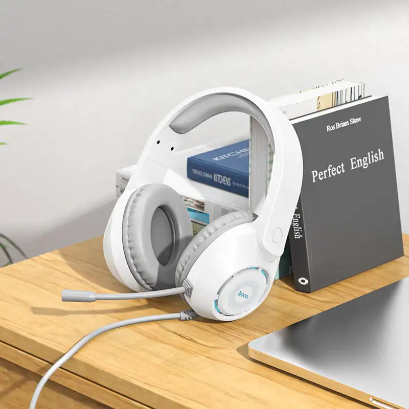 A clean studio close-up of the Hoco W108 Sue wired headphones,