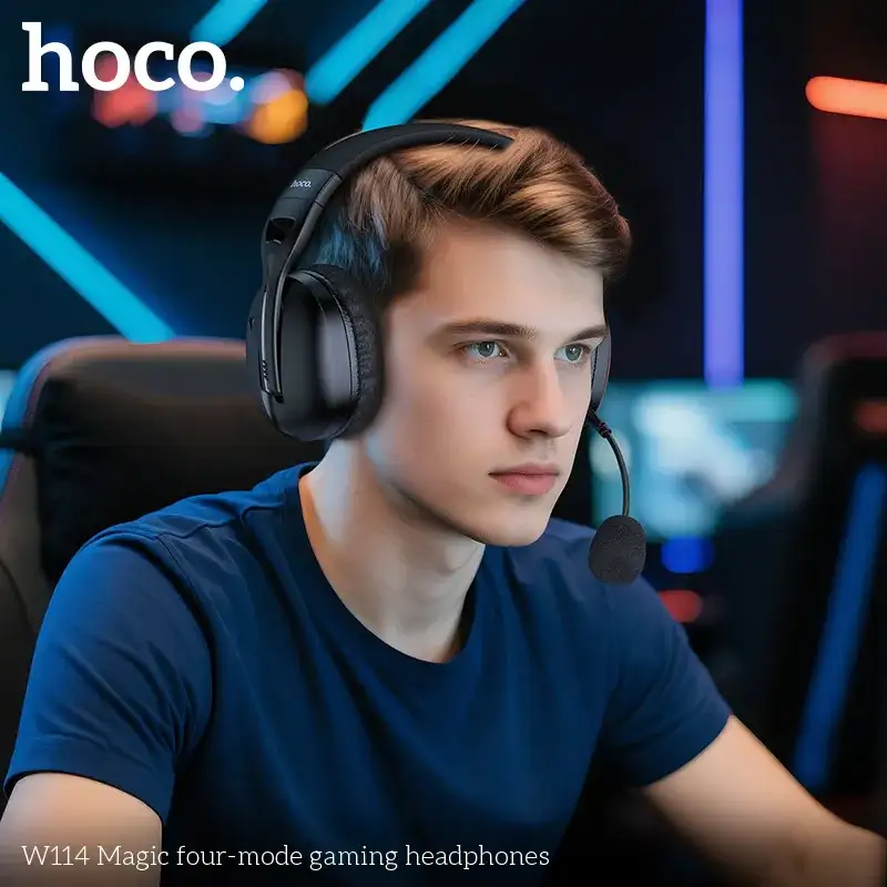 A crisp studio close-up of the Hoco W114 Magic Four-Mode gaming headphones,