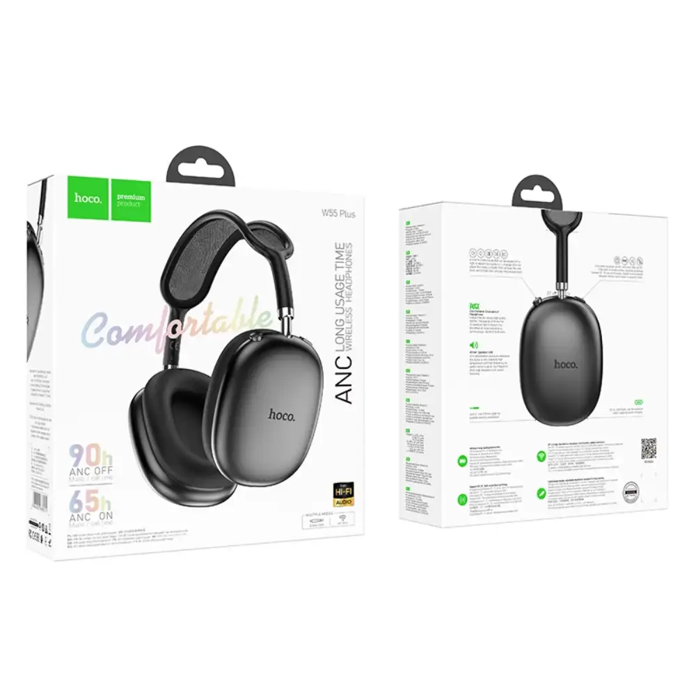 Hoco W55 Plus ANC headphones with deep clear sound 2. Wireless over-ear headset offering rich noise canceling