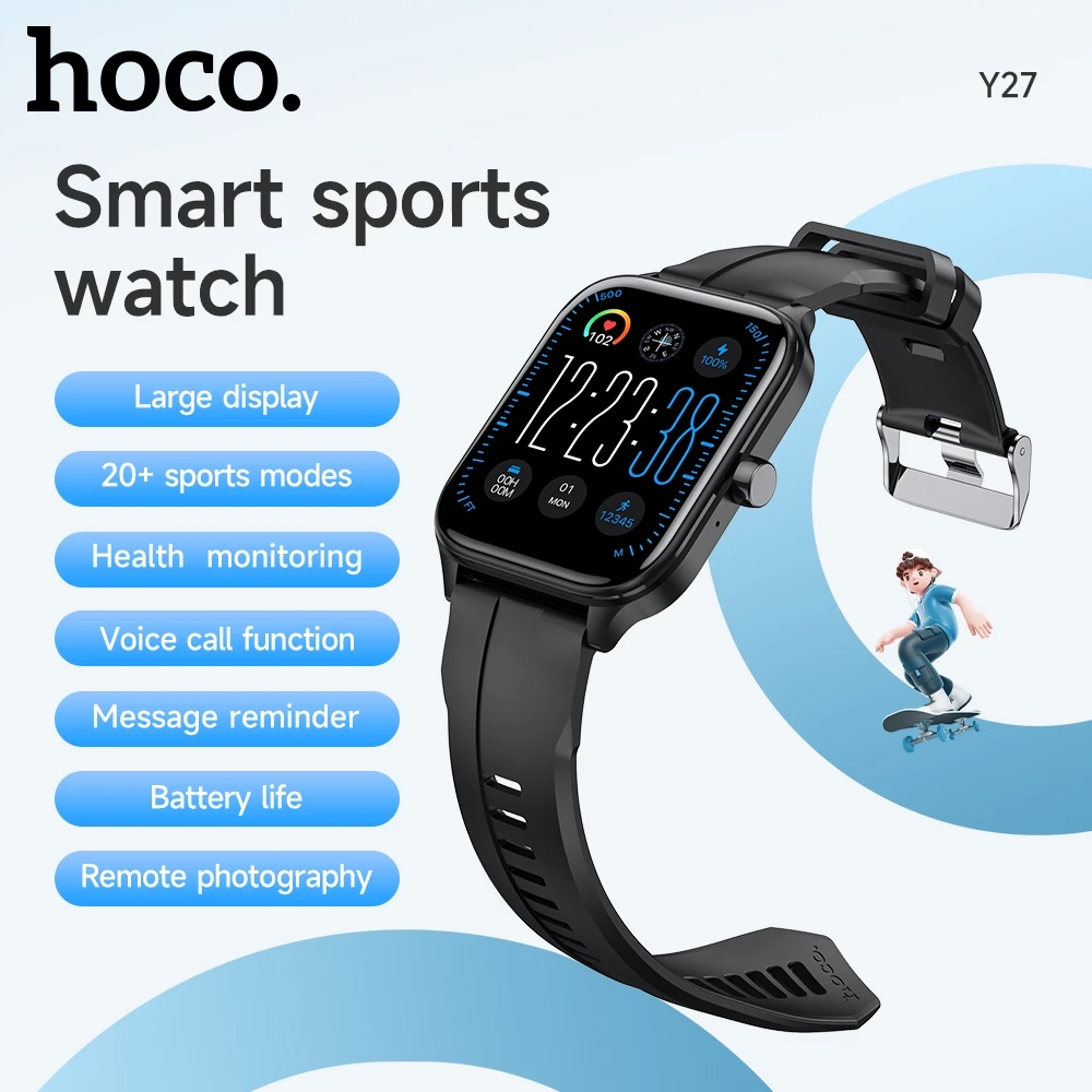 Hoco Y27 Smart Sports Watch, showing its large 1.95-inch TFT display and sleek, minimalist design