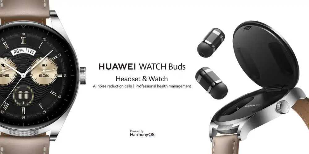 Huawei Watch Buds showcasing its sleek design with a hidden compartment that houses a pair of true wireless earbuds