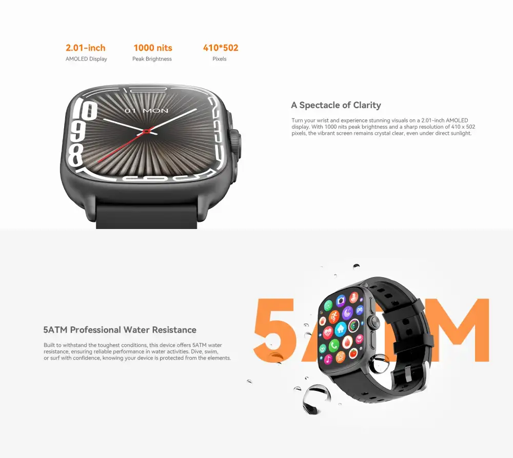 A lifestyle wrist shot showing the smartwatch during a Bluetooth calling session,