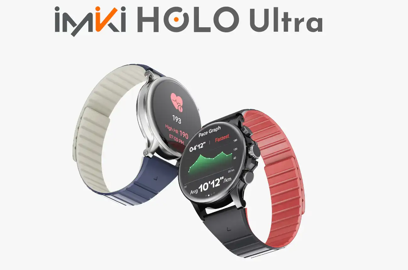 A sleek studio shot of the IMIKI HOLO Ultra Smart Watch