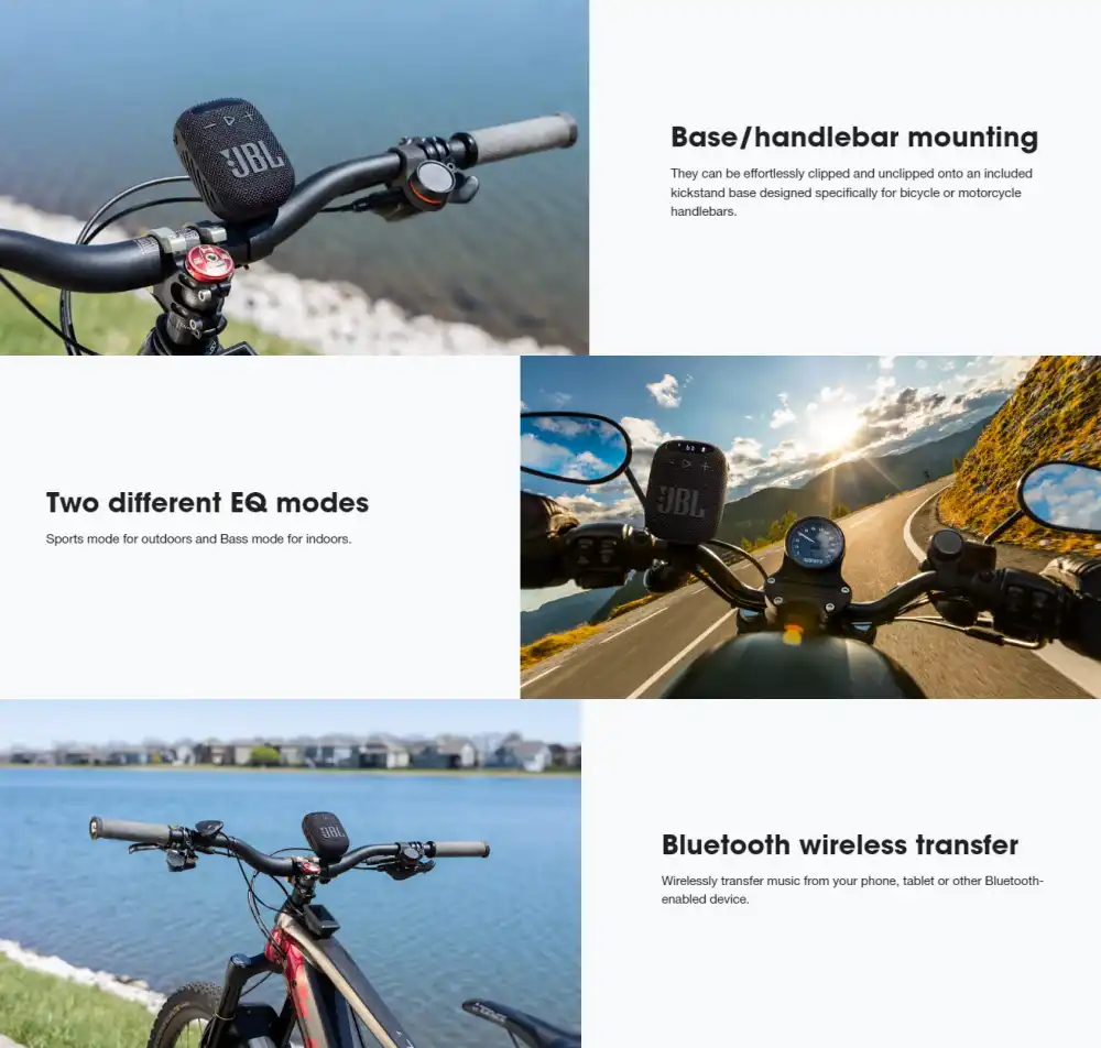 JBL Wind 3 portable Bluetooth speaker, showcasing its handlebar mount and durable build for cyclists in Bangladesh