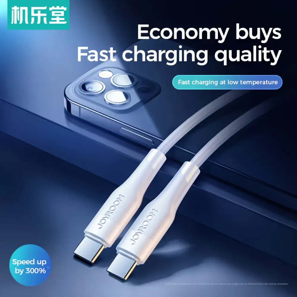 The Joyroom 60W Fast Cable Type C, highlighting its durable braided nylon material and reinforced connectors for long-lasting use