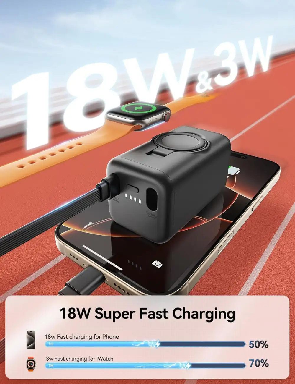 Joyroom JR-W13 5000mAh power bank charging a smartwatch, highlighting its wireless charging capability for users in Bangladesh