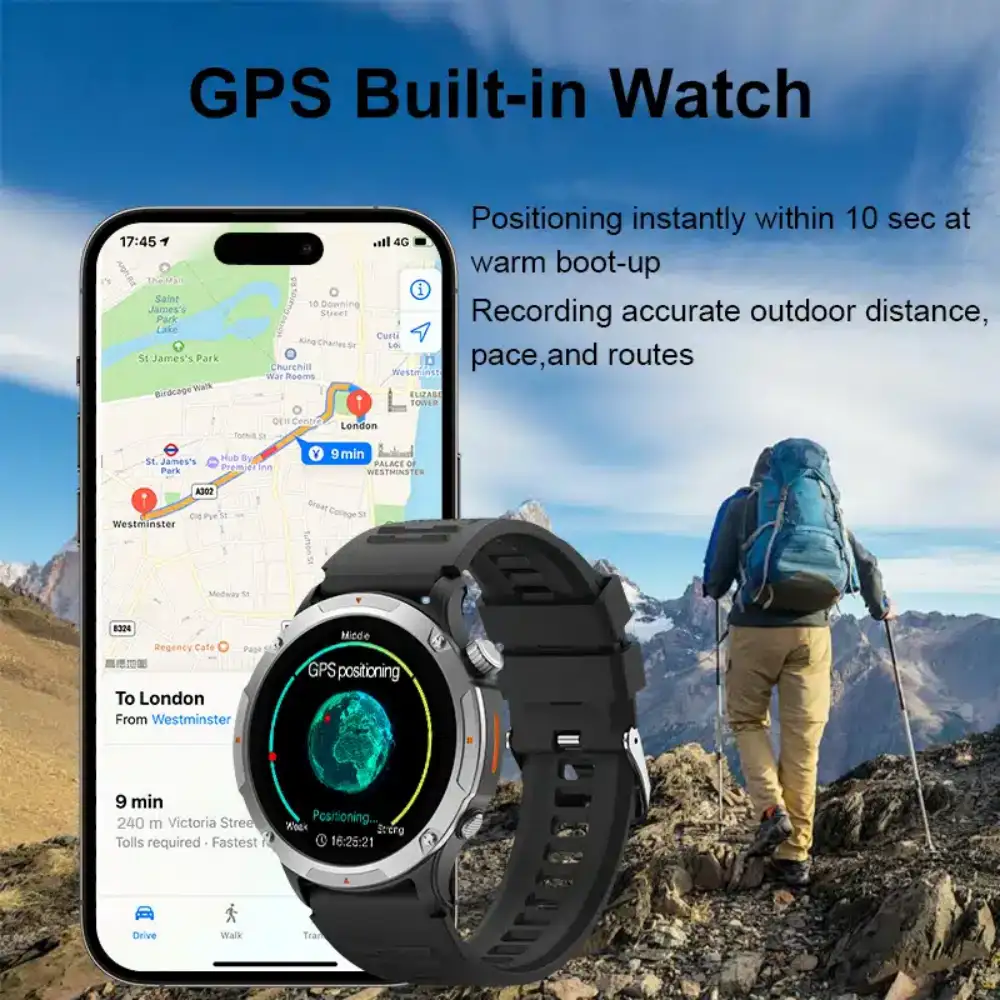 An outdoor adventure image showing the watch in use during hiking or trekking