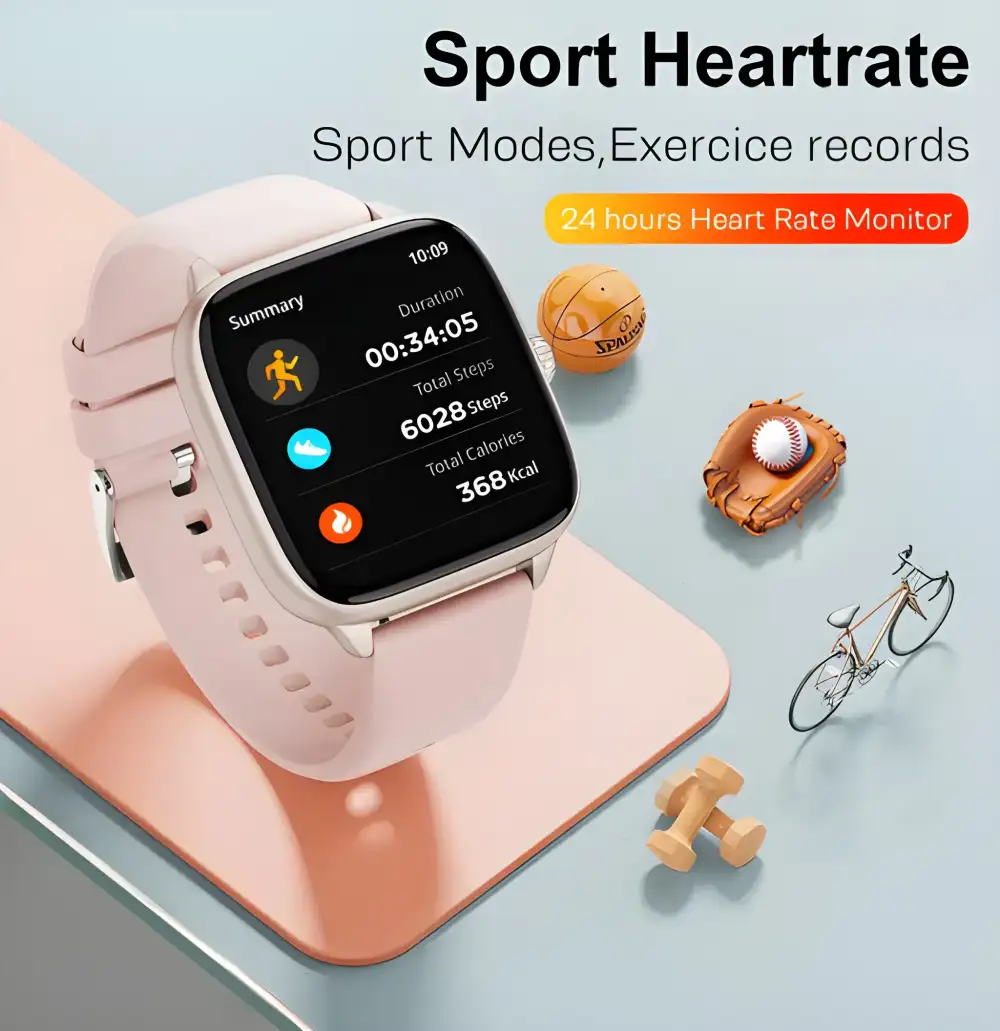 A fitness lifestyle image capturing heart rate and step tracking on the watch face during
