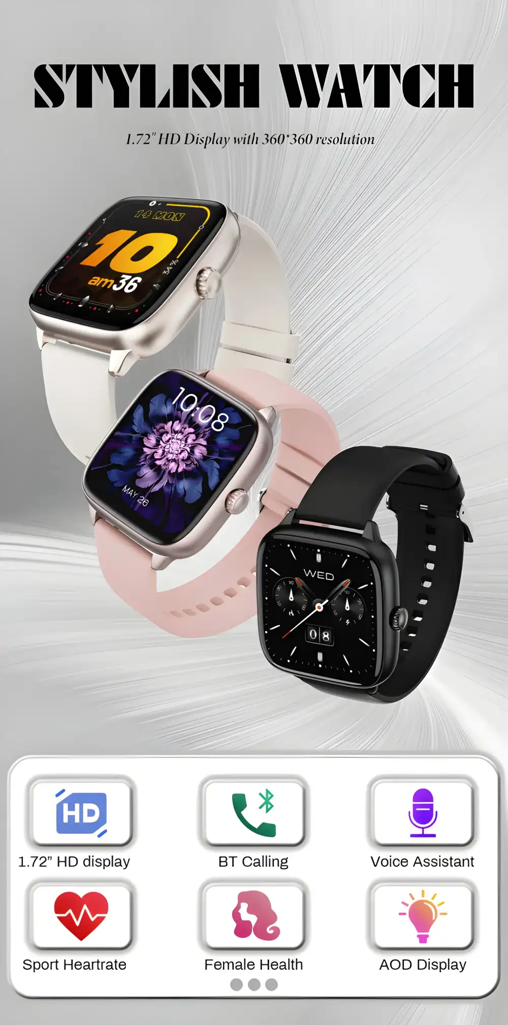 A sleek studio close-up of the KFI W6 Lite Ladies Smart Watch,