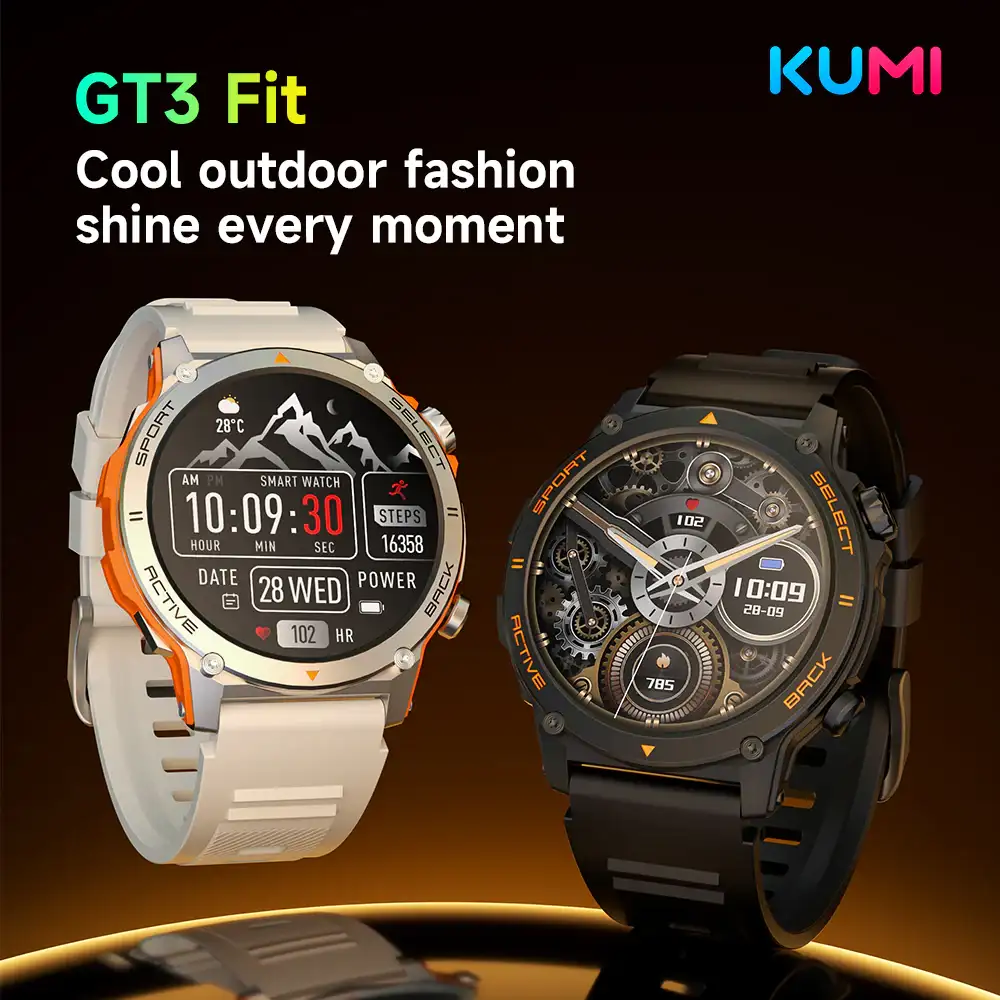 Sleek KUMI GT3 Fit Smart Watch displaying health tracking features on a bright AMOLED screen.