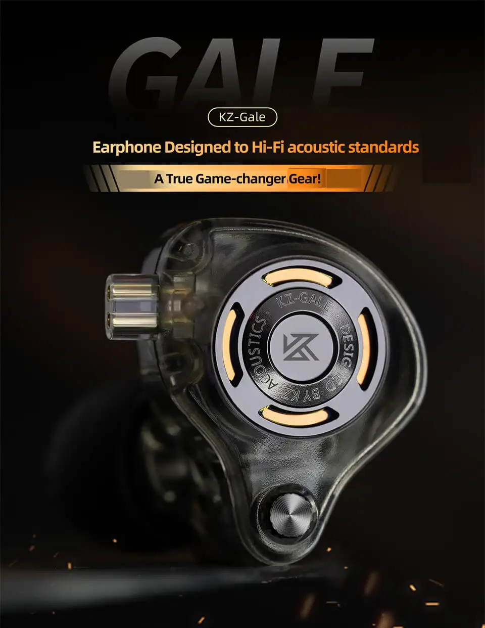 A close-up studio shot of the KZ Gale earphones, highlighting their precision acoustic chamber