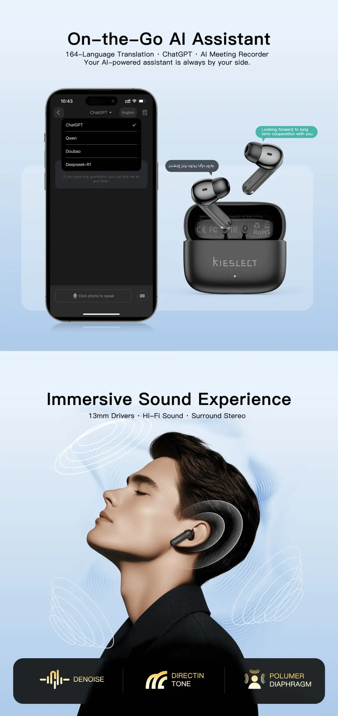 Wireless Bluetooth earbuds by Kieslect with comfort