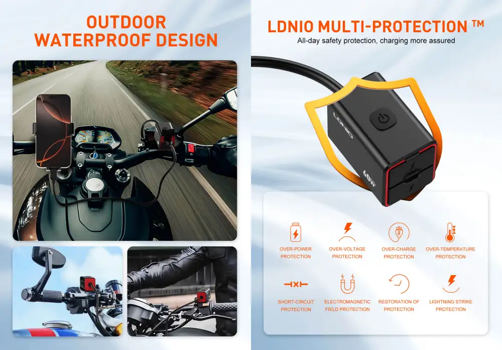 LDNIO C108 60W fast motorcycle charger with PD QC3.0 and IPX6 protection
