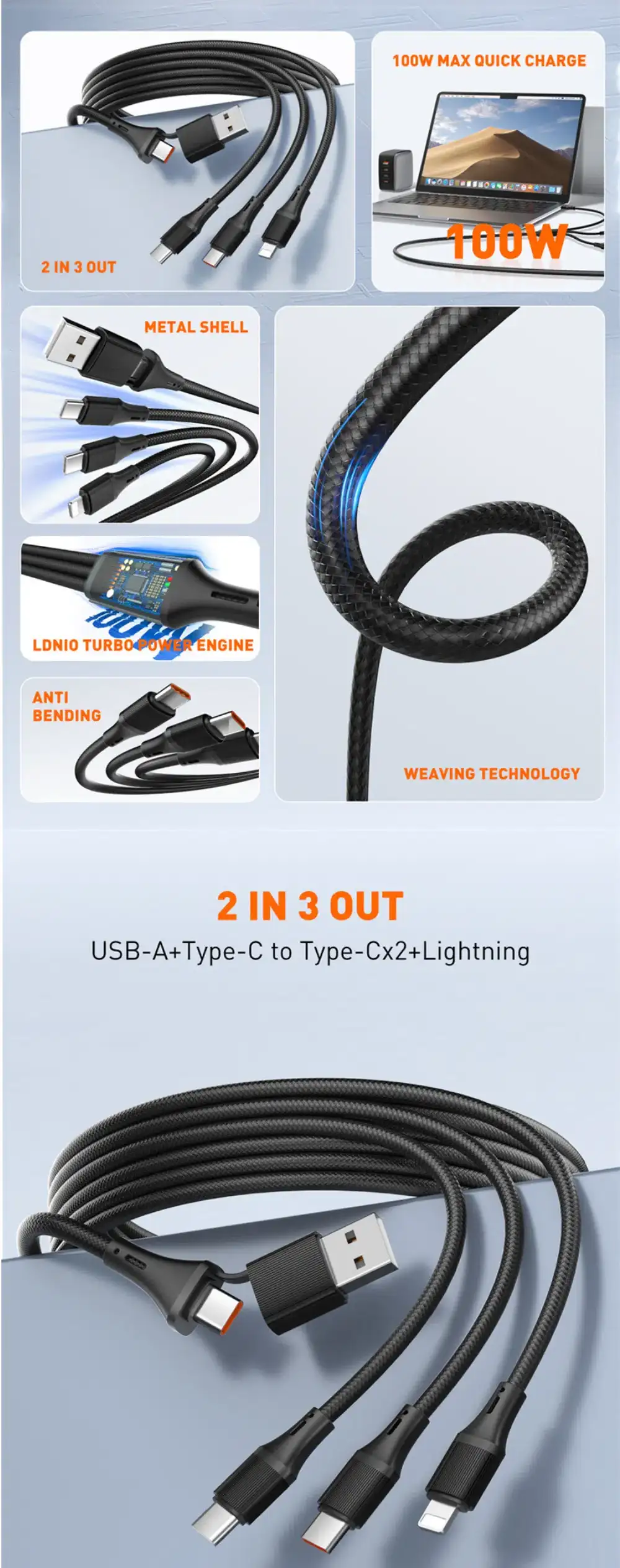 LDNIO LC97UC Two-for-Three 100W Fast Charging Cable