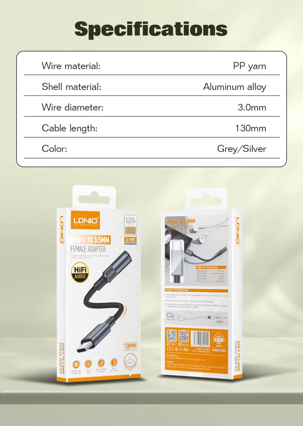 A close-up of the LDNIO LSY80C's durable braided cable and aluminum alloy connectors, emphasizing its long-lasting quality