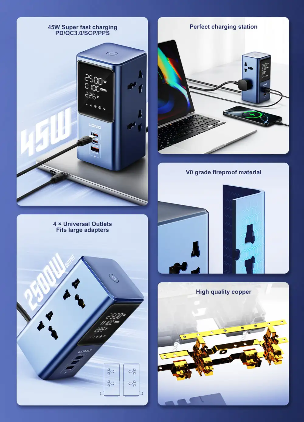LDNIO SC2 PD 45W GaN USB-C Fast Charging 7-in-1 Charge Station Power Strip with LED Screen
