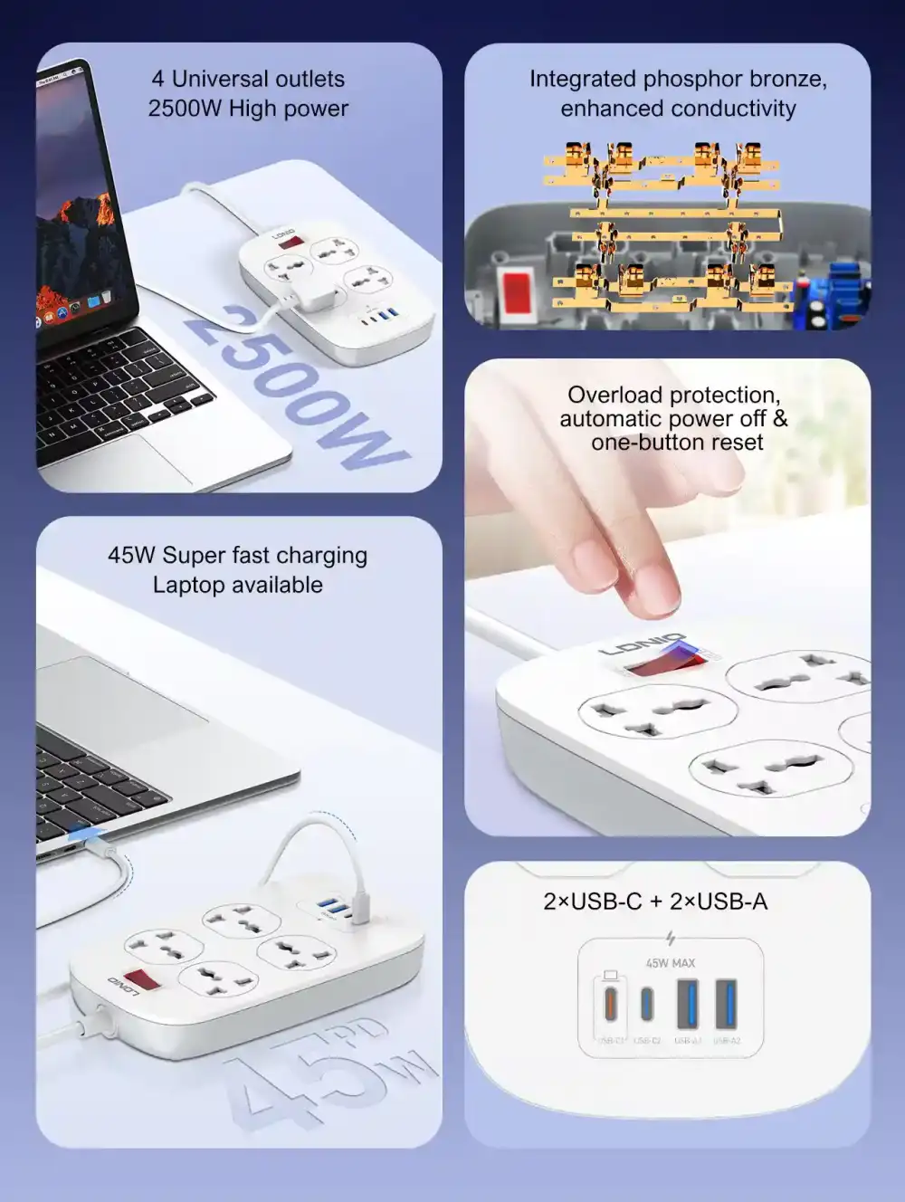 A home desk setup image with the power strip powering a laptop,